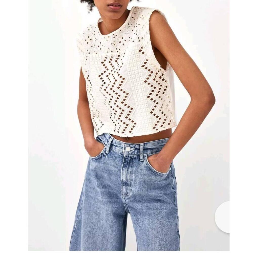 Zara Guipure Embroidery Crop Blouse Lace Short Sleeve Crewneck Size Small - Picture 3 of 12